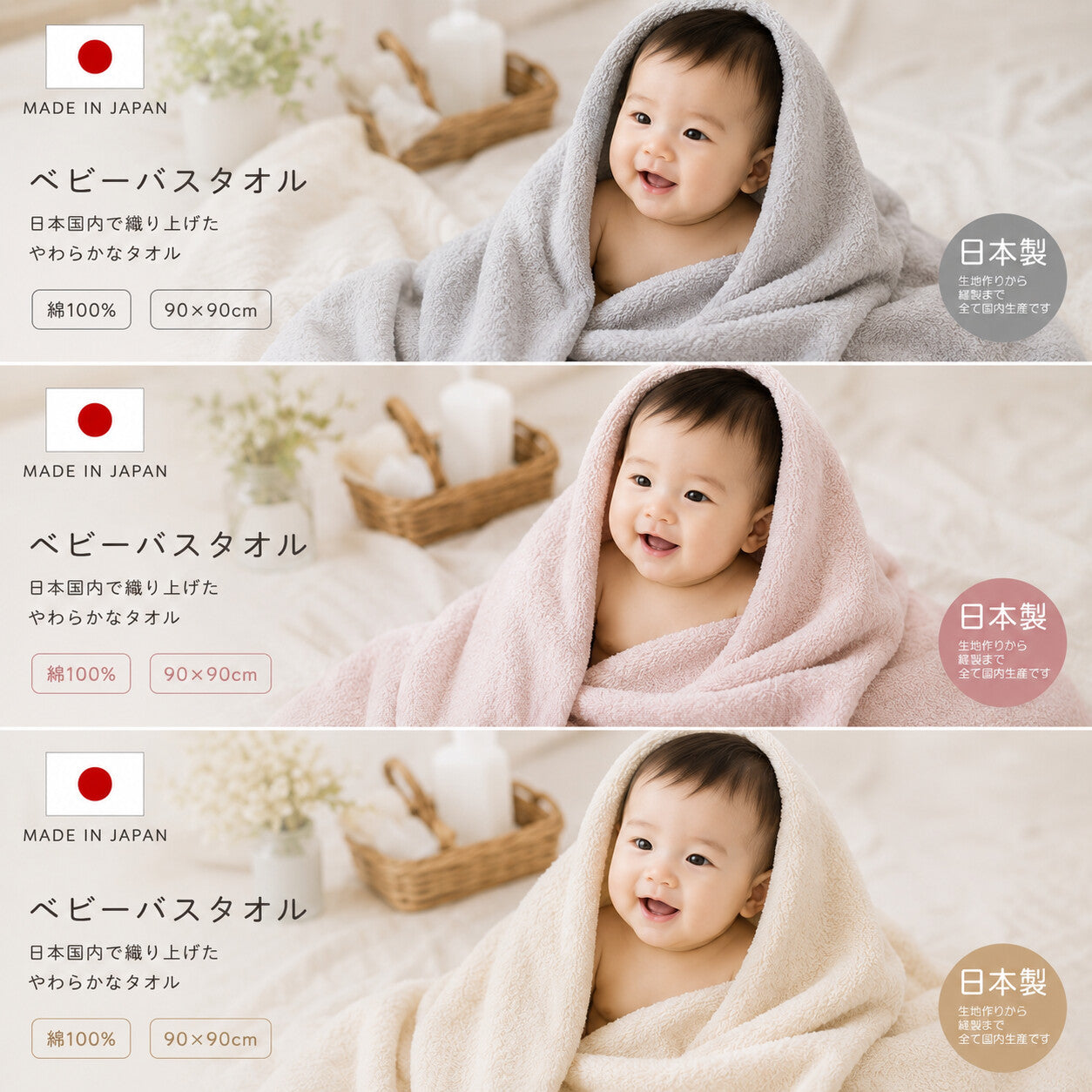 赤ちゃんをふんわりつつめる 正方形バスタオル　日本製　ベージュ　泉州タオル　90×90cm